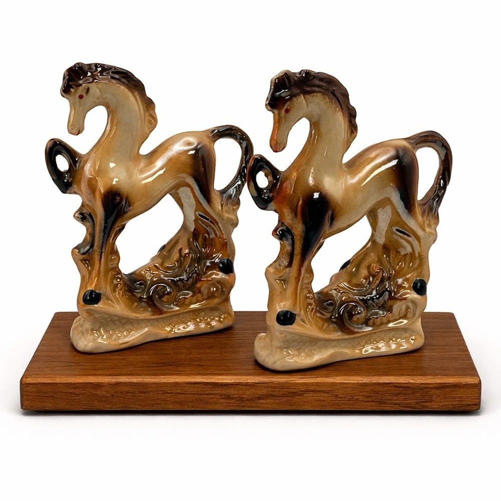 Vintage‎ Brazil Ceramic Horse Figurines Pair Mid Century Glazed Art Pottery